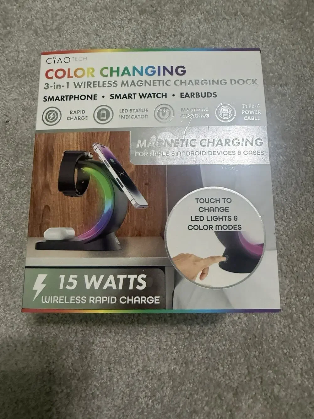 Ciao Tech 3-in-1 Wireless Magnetic Charging Dock Stand 15W RGB LED Apple Android